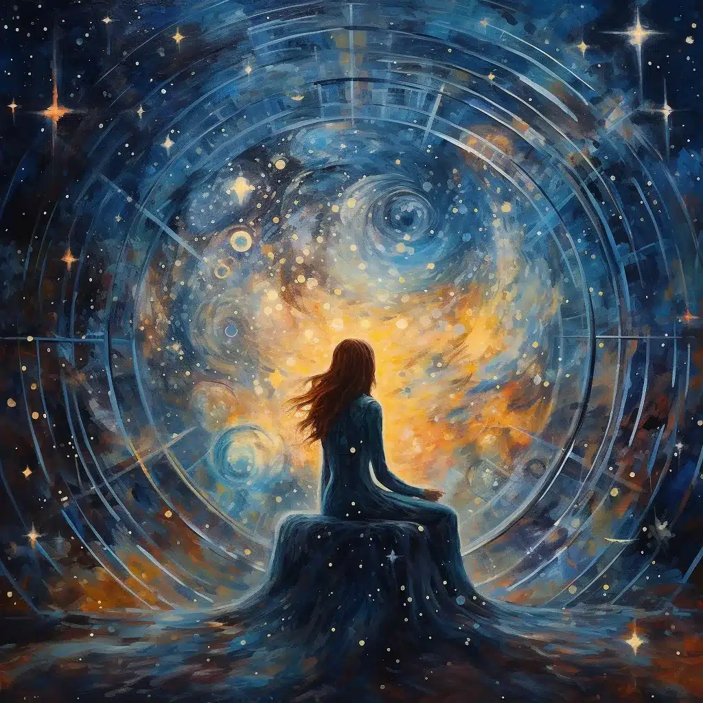 Astrologie, vrouw die naar de hemel kijkt.
